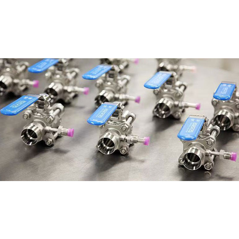 Sanitary ball valve with PTFE seals for cosmetics and personal care production